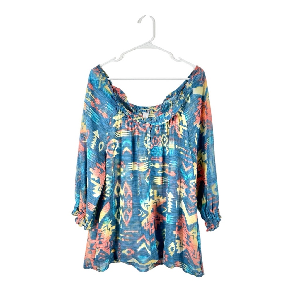 Chico’s Colorful Aztec Sheer Scoop Neck Boho Peasant‎ Top